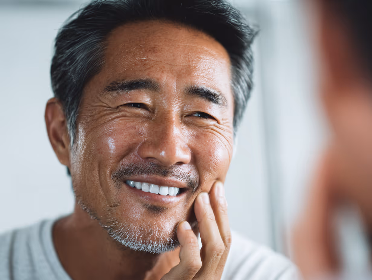 Close-up of a middle-aged Asian man smiling and touching his cheek while looking in the mirror.